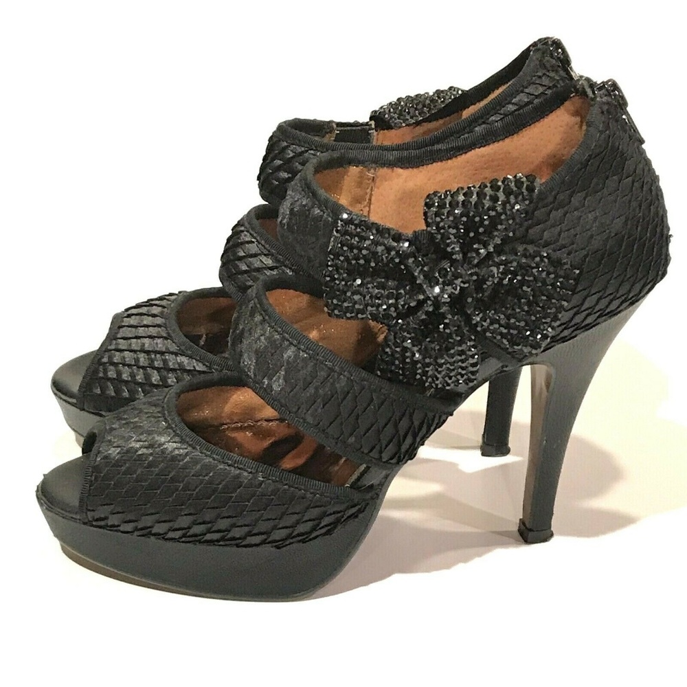 Poetic Licence Black Satin Heels Rhinestones - Picture 2 of 8